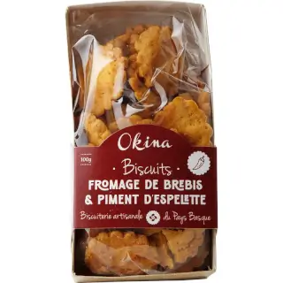 Biscuits salés - 100g : Biscuits salés au fromage de Brebis et piment Espelette Biscuiterie artisanale du Pays Basque Okina Sachet 100g