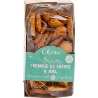 Biscuits salés Chèvre et Miel - 100g : Biscuits salés au Chèvre et Miel Biscuiterie artisanale du Pays Basque Okina Barquette 100g