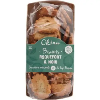 Biscuits salés Roquefort et Noix - 100g : Biscuits salés au Roquefort et Noix Biscuiterie artisanale du Pays Basque Okina Barquette 100g