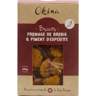 Biscuits salés Brebis et Piment d'Espelette - 100g : Biscuits salés au fromage de brebis et piment d'Espelette Biscuiterie artisanale du Pays Basque Okina Barquette 100g