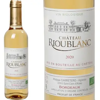 Moelleux Bio (37.5 cl) : Château Rioublanc Bordeaux Blanc Moelleux Bio. 70% Sauvignon, 30% Sémillon. Vendanges tardives, récolté à la main. Bouteille 37.5 cl.