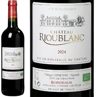 Bordeaux Rouge Bio 2024 : Château Rioublanc Bordeaux rouge Bio 2024. 70% Merlot, 20% Cabernet Sauvignon, 6% Cabernet Franc, 4% Malbec. Bouteille 75 cl.