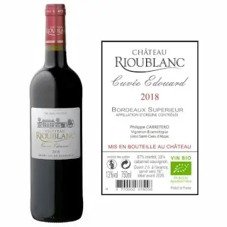 Bordeaux Sup. Rouge Bio 2018 : Château Rioublanc Bordeaux Supérieur Rouge 2018 Bio. Bouteille 75 cl. 67% Merlot, 33% Cabernet Sauvignon.