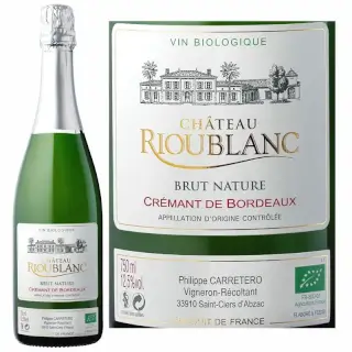 Crémant Brut Nature Bio : Château Rioublanc Crémant de Bordeaux Bio - Brut Nature. 50% Sémillon, 35% Sauvignon, 15% Colombard. Zéro dosé. Bouteille 75 cl.
