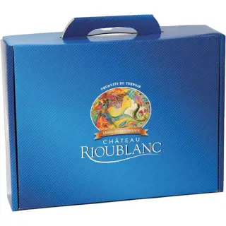 Coffret carton T3 : Coffret carton style valisette, pratique et solide. Idéal pour 2 bouteilles et 4 articles. (36cm × 27cm × 9cm)