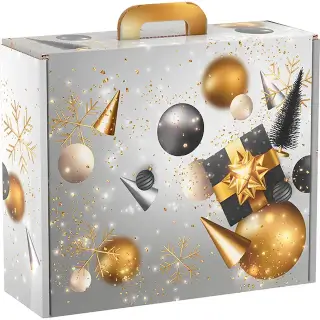 Mini Valisette Carton Argent & Or : Valisette en carton verni aux couleurs des fêtes de fin d'année. Idéal pour 1 demi bouteille et 2-3 articles. (25cm × 18cm × 9cm)