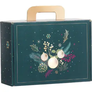 Mini Valisette Verte Enchantée : Valisette en carton verni au décor de Noël Idéal pour 1 demi bouteille et 2-3 articles. (25cm × 18cm × 9cm)