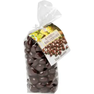 Raisins au Sauternes 200g : Raisins macérés au Sauternes et enrobés de chocolat noir. Sachet 200g
