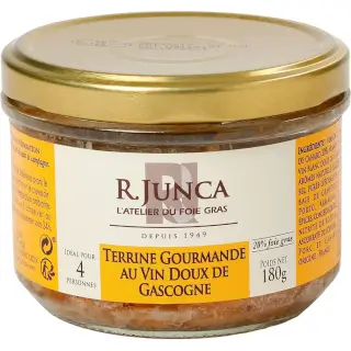 Terrine Gourmande 180g : Terrine Gourmande, cuisinée au vin doux de Gascogne. Porc, foie gras, viande de canard. 180g