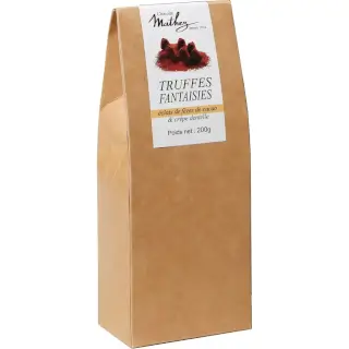 Truffes Fantaisies 200g : Chocolaterie Mathez. Truffes aux éclats de fèves de cacao et crêpe dentelle. Poids : 200g