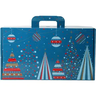 Coffret carton T1 Bleu : Valisette carton verni bleue au décor de Noël Idéal pour 1 Bouteille et 2-3 articles (19cm × 10cm × 35cm)