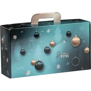 Coffret carton T1 Emeraude : Valisette carton verni Emeraude au décor de Noël Idéal pour 1 Bouteille et 2-3 articles (19cm × 10cm × 35cm)