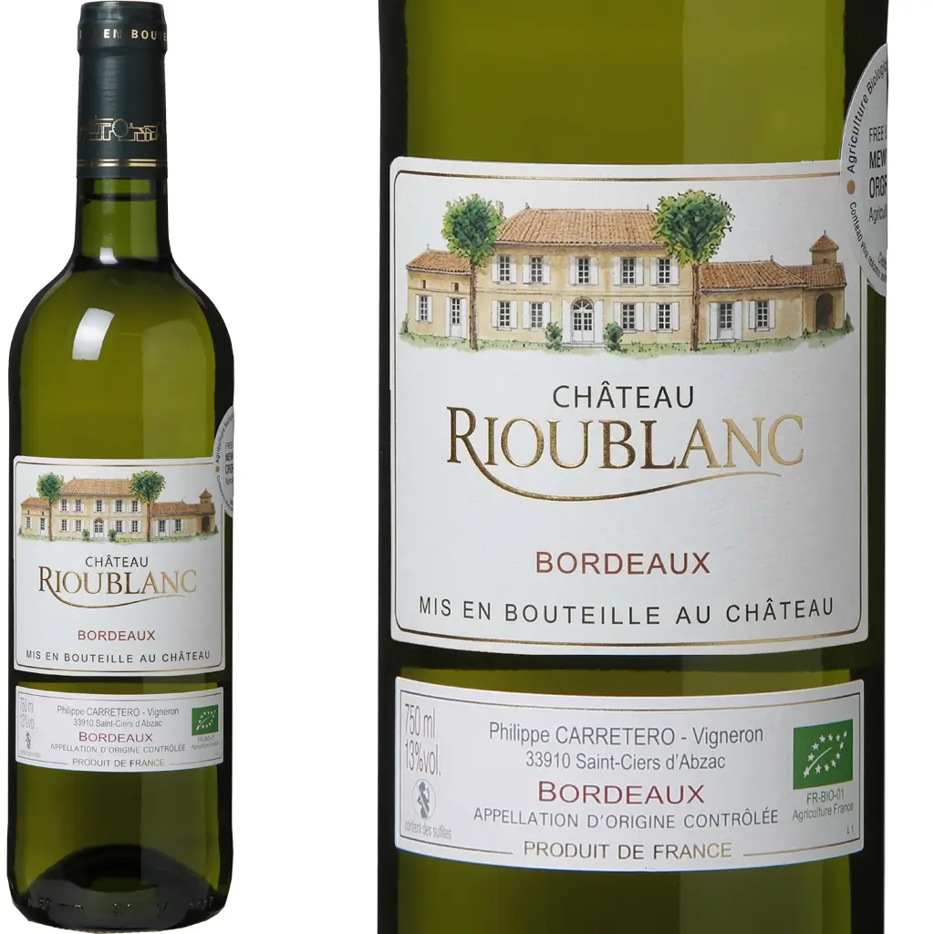 bouteille de vin 75cL château Rioublanc bordeaux blanc sec bio