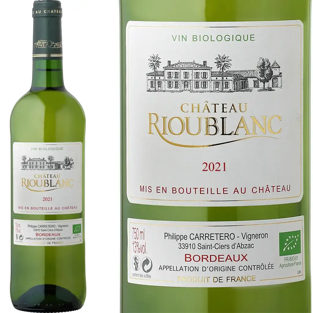 bouteille de vin 75cL château Rioublanc bordeaux blanc sec bio