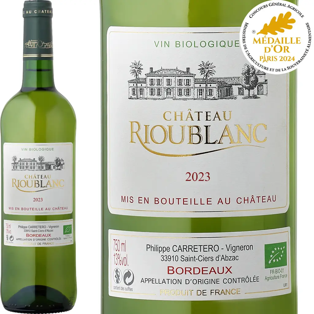 bouteille de vin 75cL château Rioublanc bordeaux blanc sec bio