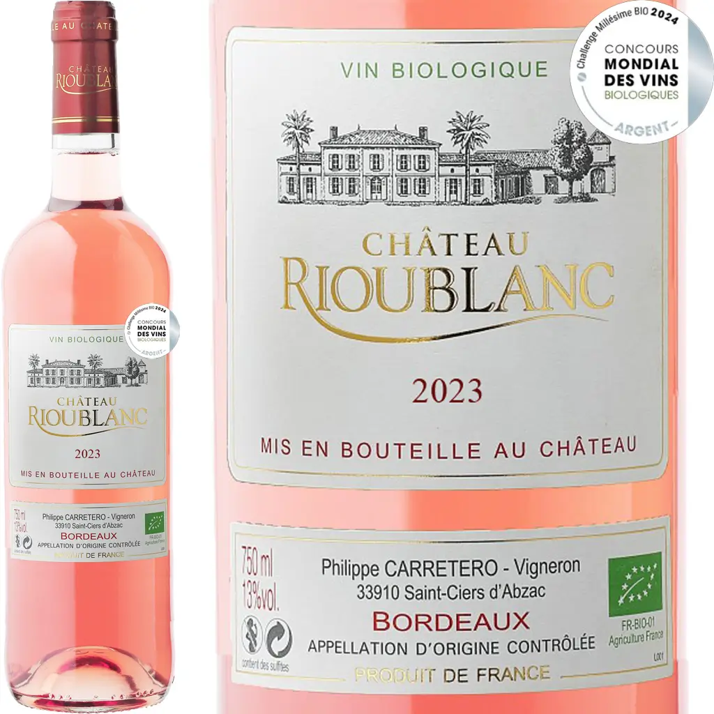 bouteille de vin 75cL chateau rioublanc bordeaux rosé bio