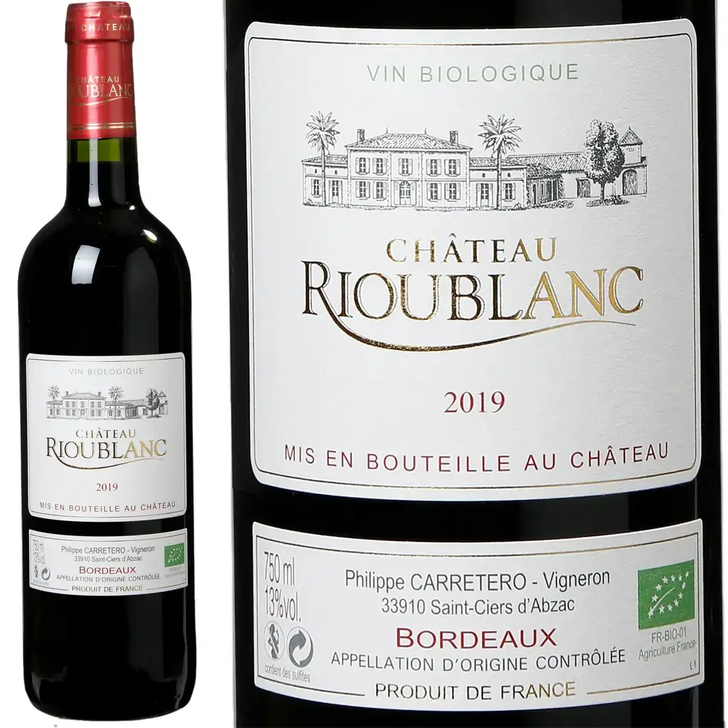 bouteille de vin 75cL de Rioublanc bordeaux rouge bio 2019
