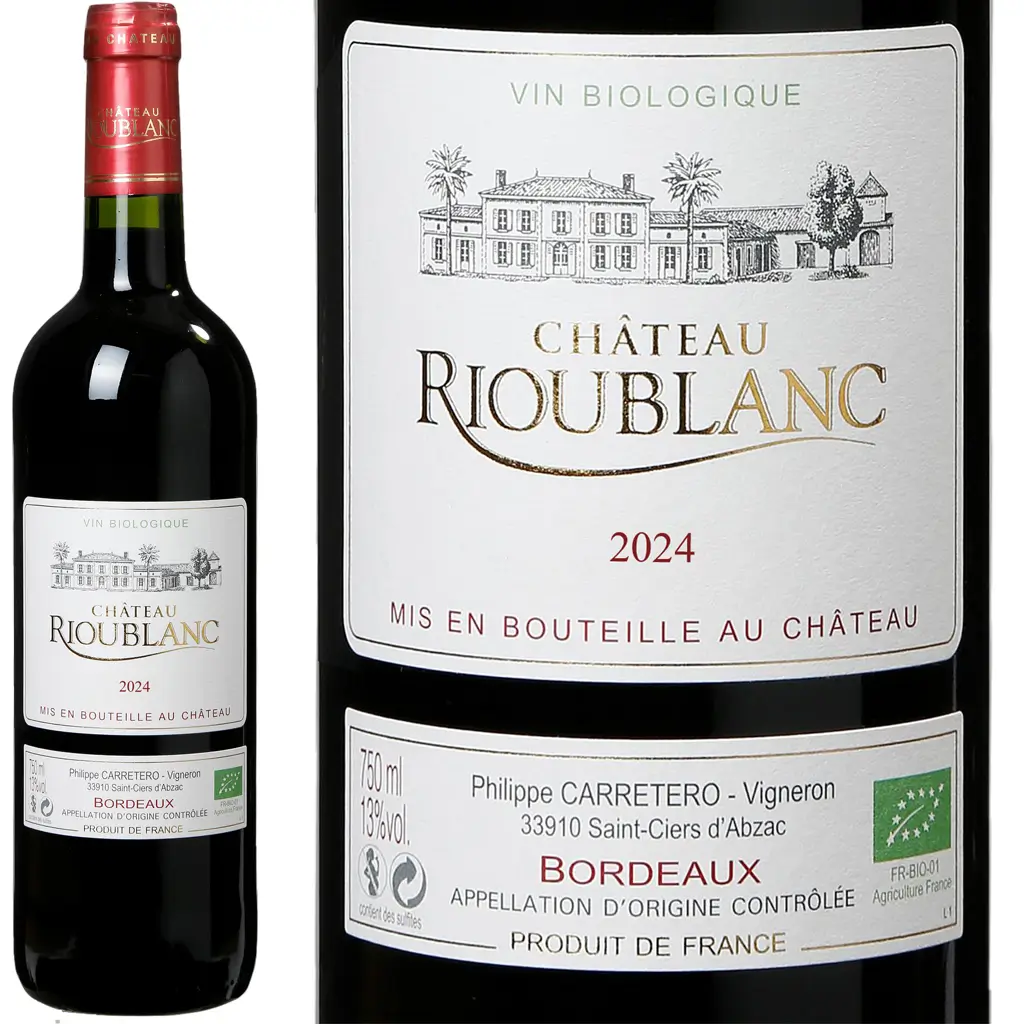 bouteille de vin 75cL de Rioublanc bordeaux rouge bio 2024