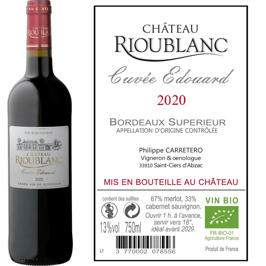 bouteille de vin 75cL ch Rioublanc bordeaux supérieur rouge 2020