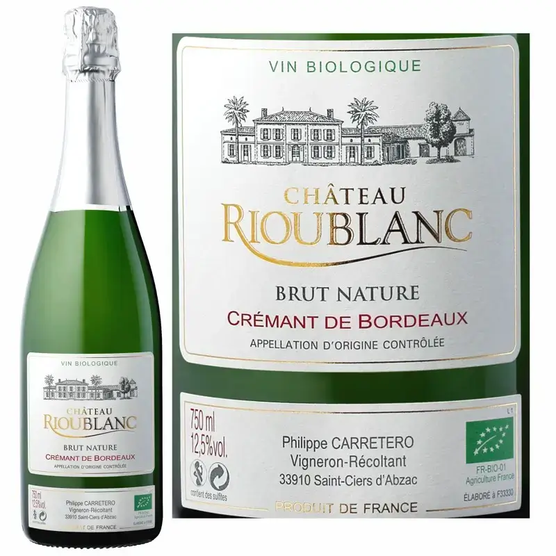 bouteille 75cL crémant de bordeaux bio brut nature ch. Rioublanc