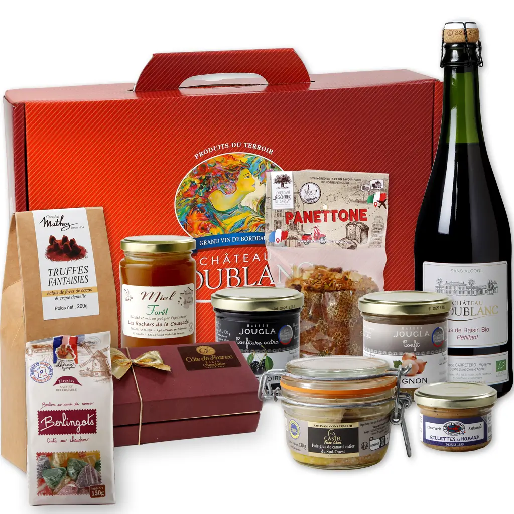 valisette cadeau Noël, jus de raisin et nombreux produits sucrés