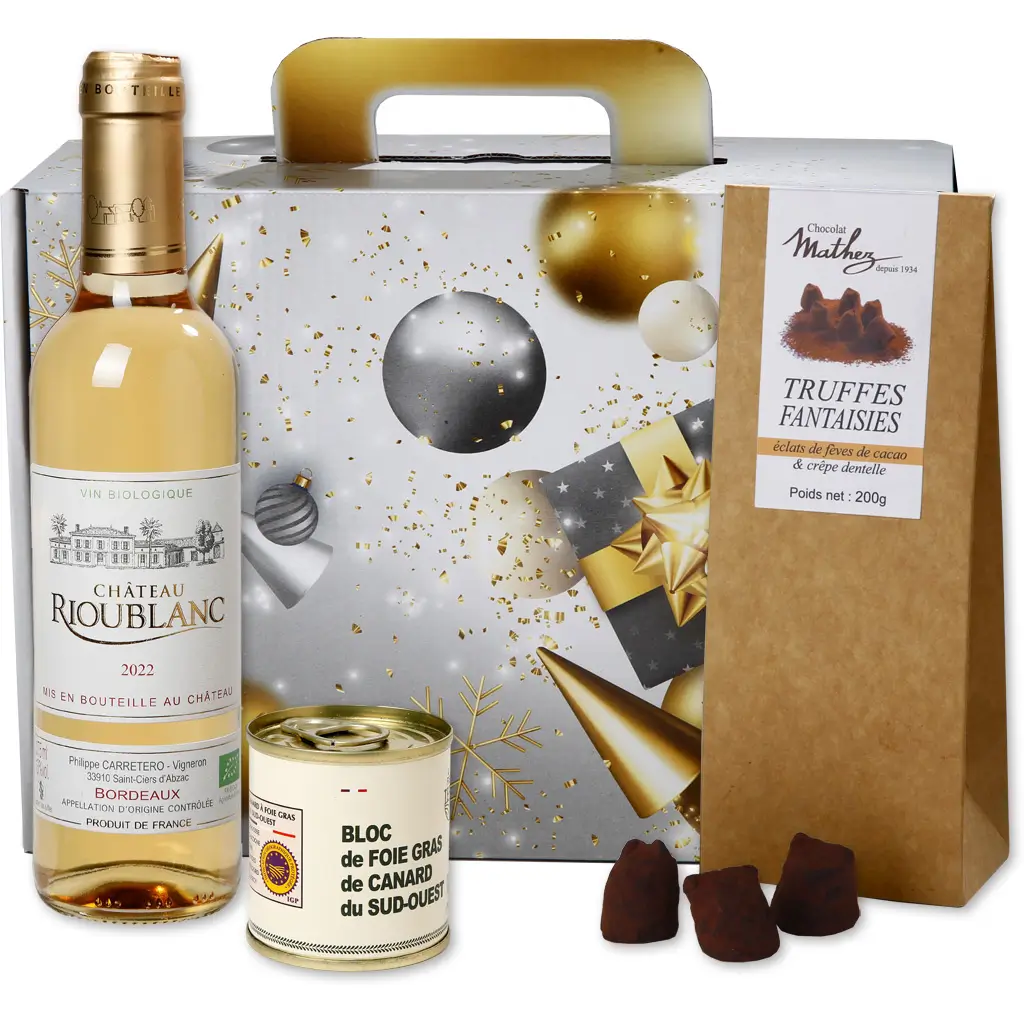 coffret cadeau avec notre moelleux bio, foie gras et chocolats