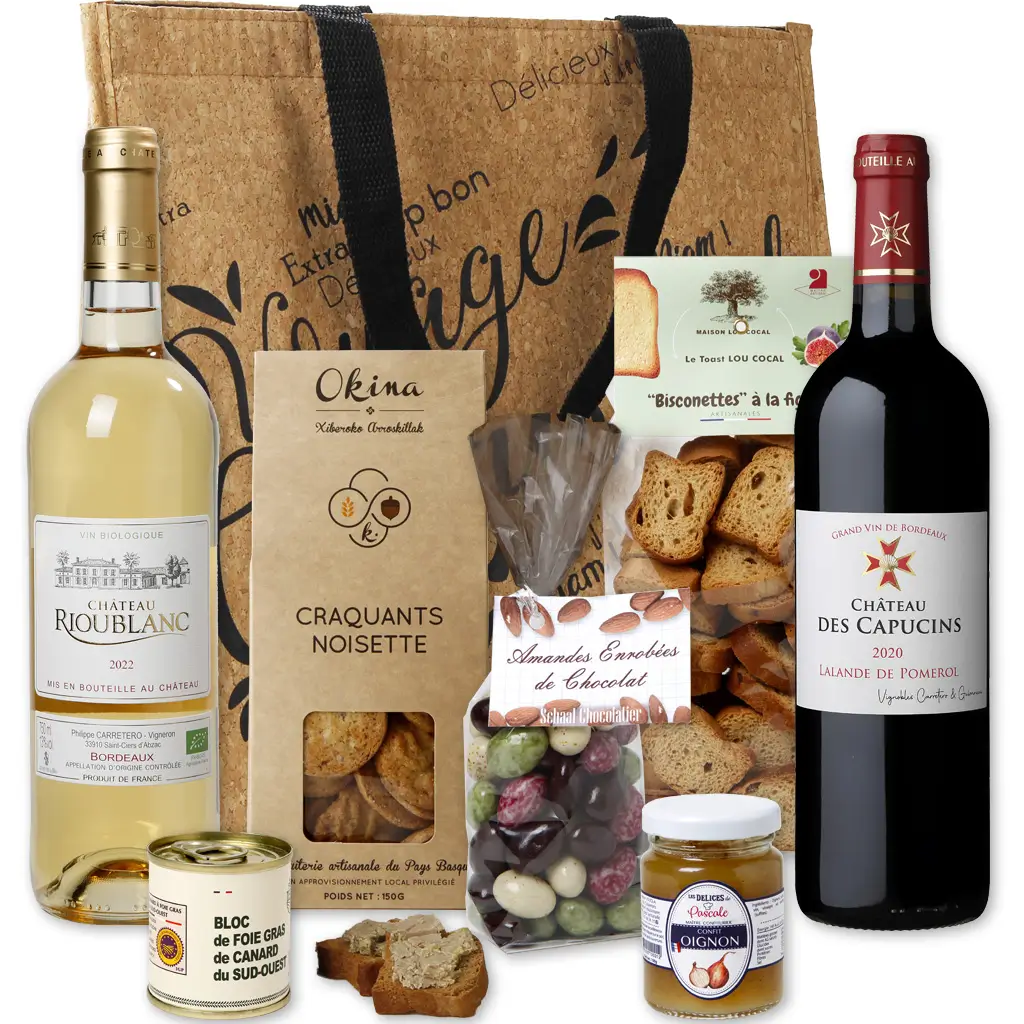 coffret gourmand et gourmet 8 Pièces + 1 bouteille Minervois Sicard ( rouge  fruités ) 75cl.