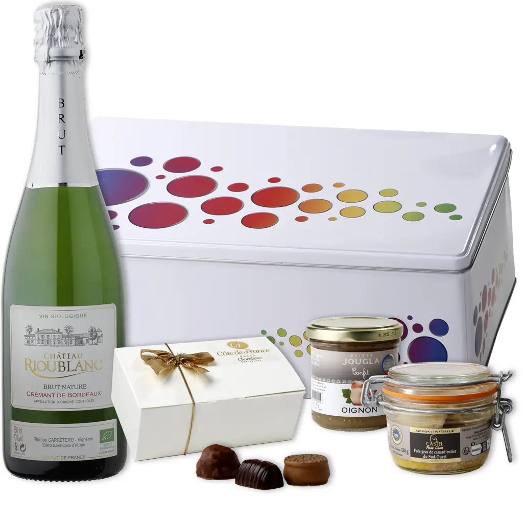 Coffret métal avec bouteille crémant chocolat et gâteaux