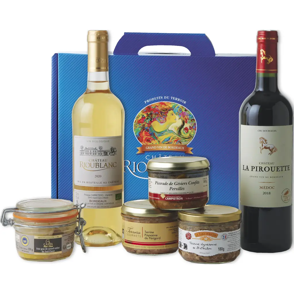 valisette cadeau vins, foie gras et assortiment de terrines