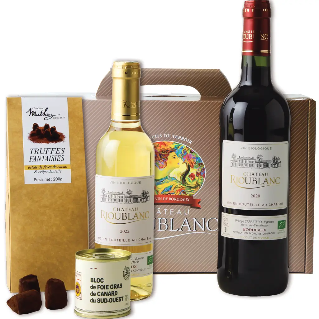 Coffret Gourmet avec 1 bouteille Vin + Chocolat + Foie Gras