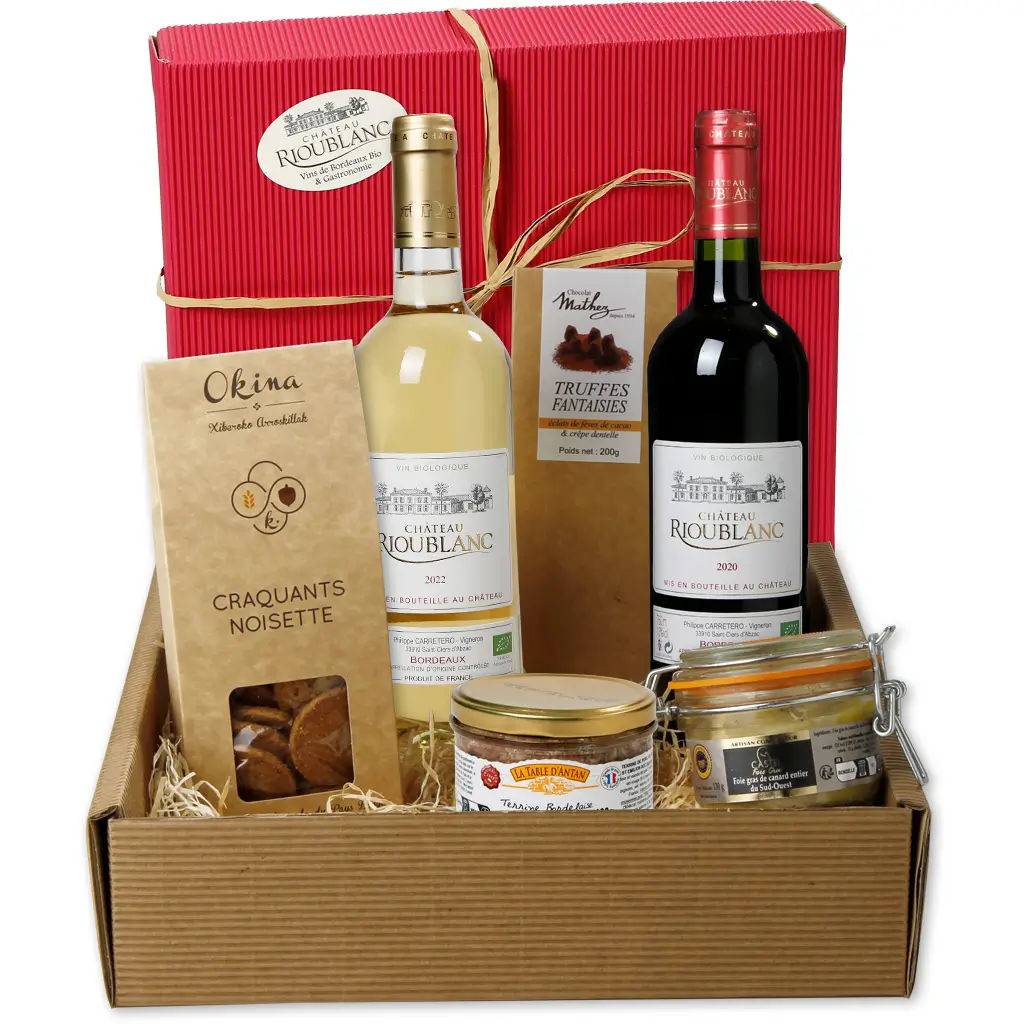 coffret gourmands Duke avec Médoc, truffes au chocolat.