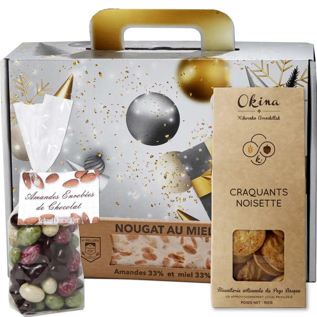 Coffret Gourmand : FRIANDISE : Une valisette gourmande alliant notre jus de raisin pétillant bio et un assortiment de chocolat, foie gras et confit d'oignon pour vos fêtes de fin d'année !
