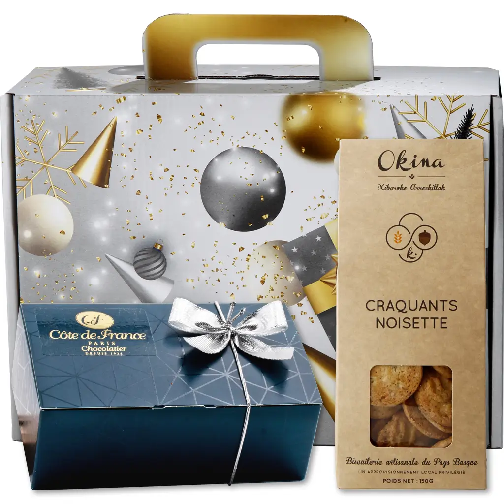 Coffret Gourmand : FRIANDISE : Une valisette gourmande alliant notre jus de raisin pétillant bio et un assortiment de chocolat, foie gras et confit d'oignon pour vos fêtes de fin d'année !