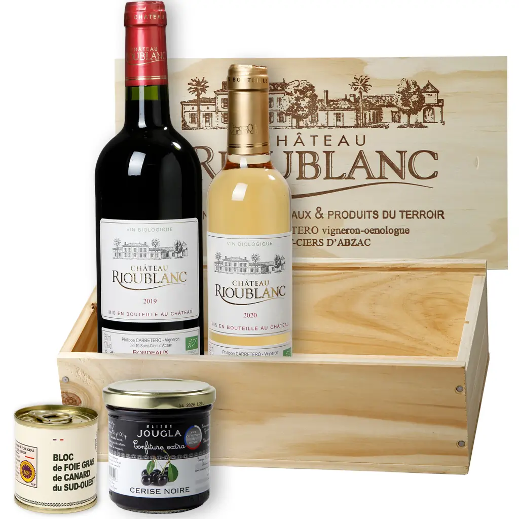 caisse bois 2 bouteilles Rioublanc et Bloc Foie gras IGP