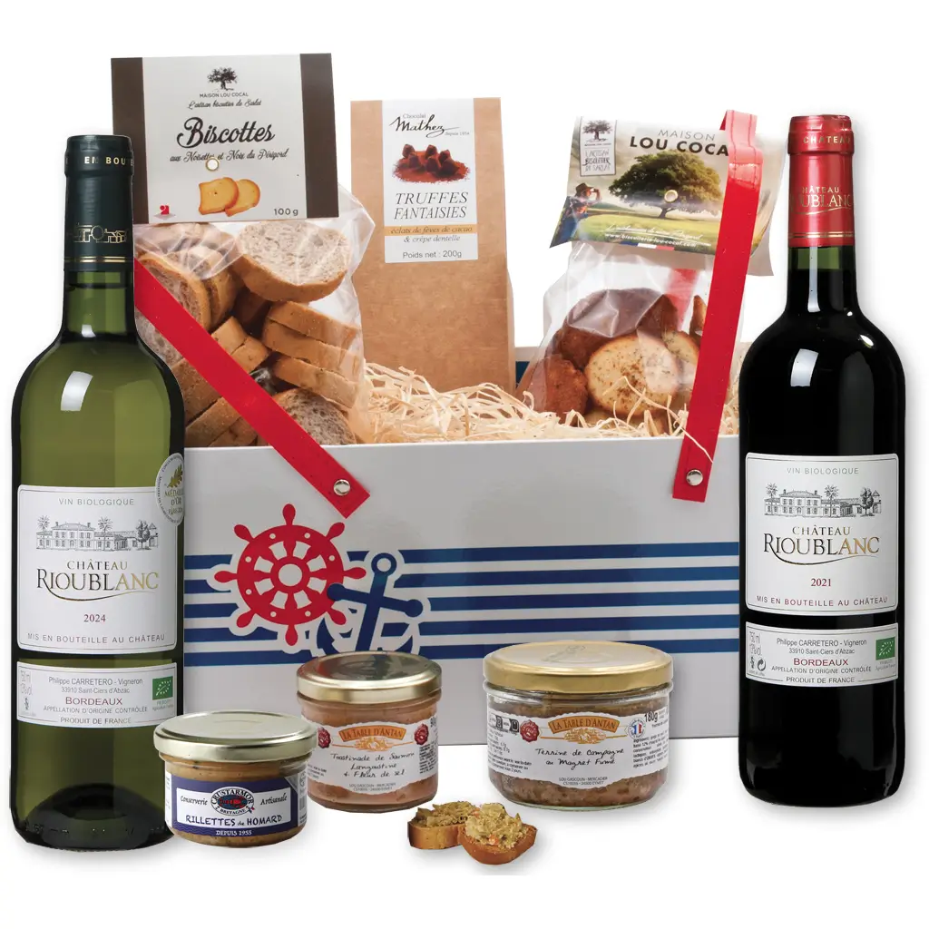 Panier marin vin bordeaux et produits gourmands terre et mer