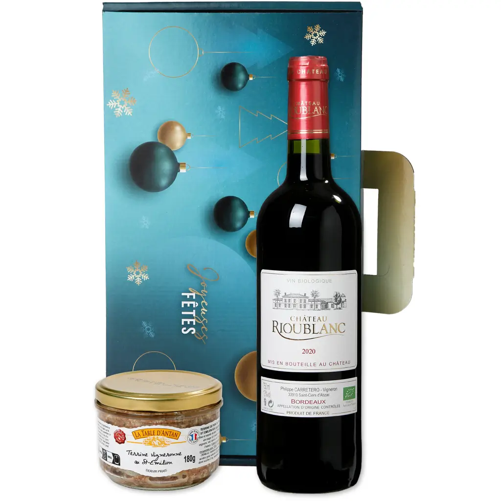 coffret décor graphique, une bouteille Bordeaux et une terrine