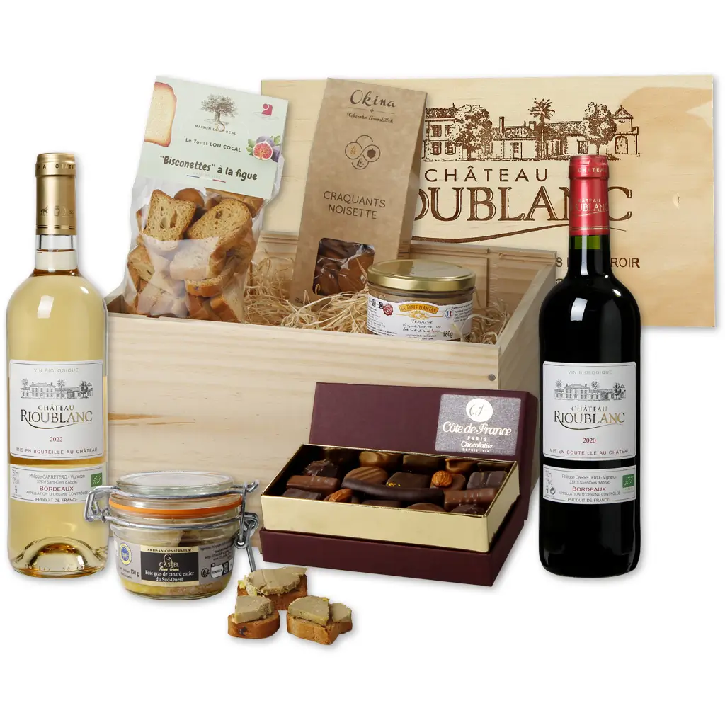 Coffret gourmand Champagne et foie gras en caisse de bois