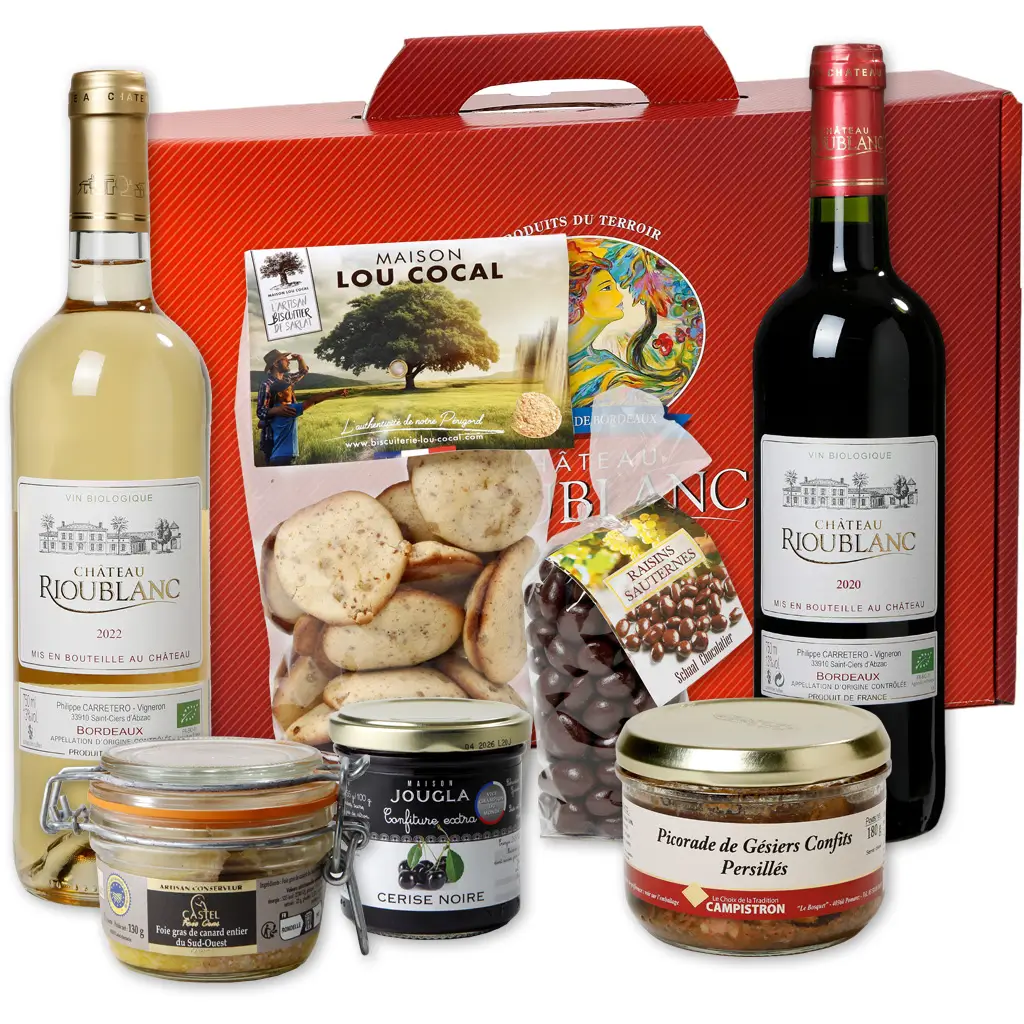 valisette cadeau Noël vins, truffes au chocolat et foie gras