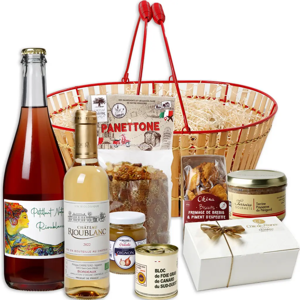 panier bambou et son contenu gourmand vins et produits