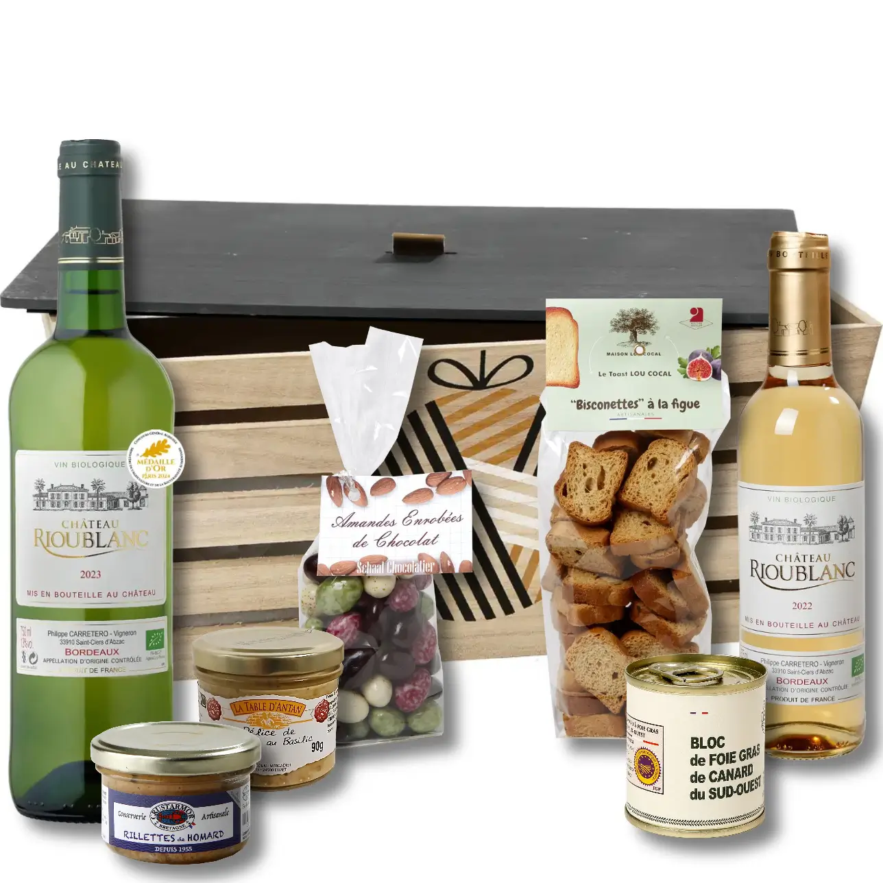 coffret bois ajouré avec un assortiment vin et terre et mer