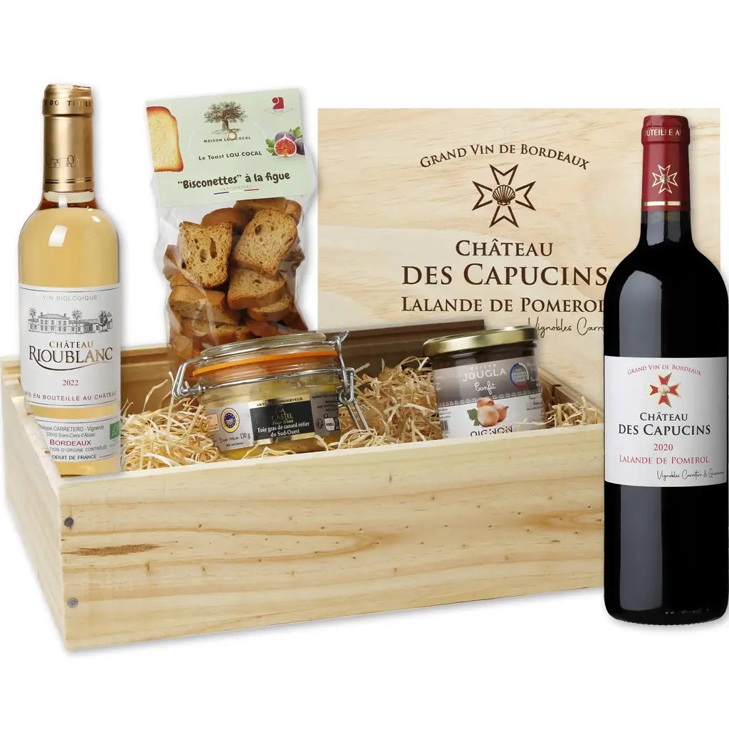 Panier Cadeau Gourmand avec 1 Foie Gras IGP - Coffret Original en Bois 