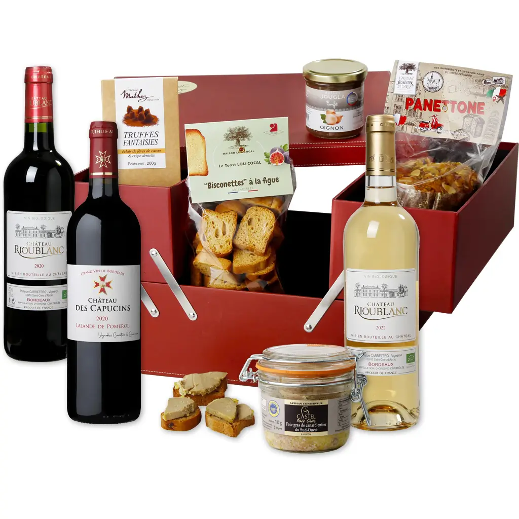 coffret boite a outil rouge, vins de bordeaux et gourmandises