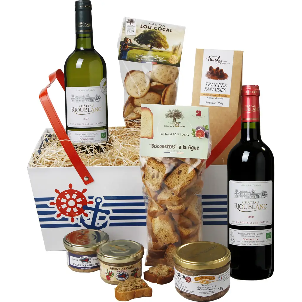 Panier marin vin bordeaux et produits gourmands terre et mer