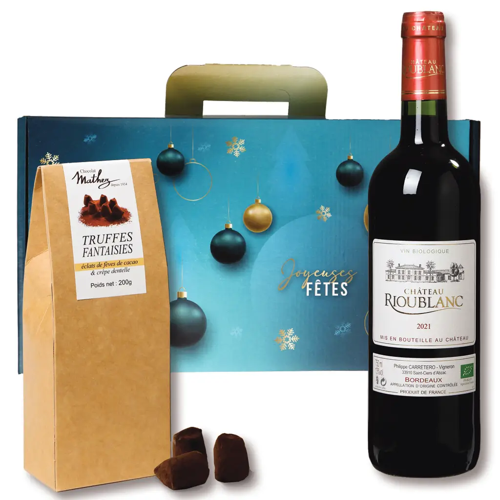 Coffret decor graphique, bouteille vin Rioublanc et truffes