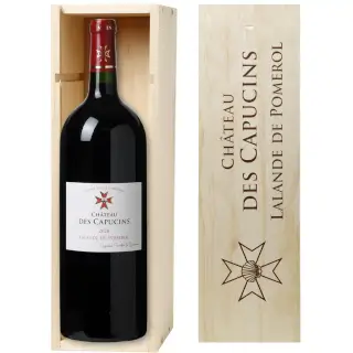 Magnum Château des Capucins - Lalande de Pomerol 2020 : Coffret Rubis et caisse bois de bouteilles Magnum (1.5L) du Château des Capucins en AOC Lalande de Pomerol