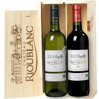 2 bouteilles Bordeaux Bio dans une caisse en bois traditionnelle