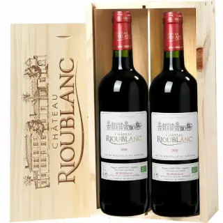 2 bouteilles Bordeaux Bio dans une caisse en bois traditionnelle