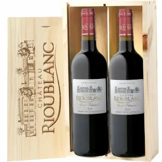 2 bouteilles Bordeaux Bio dans une caisse en bois traditionnelle