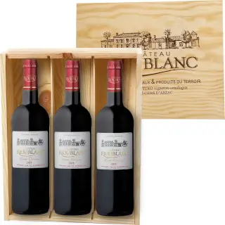3 bouteilles Bordeaux Bio dans une caisse en bois traditionnelle