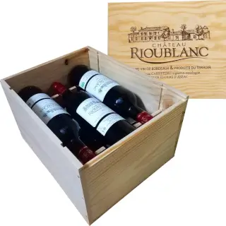 6 bouteilles Bordeaux Bio dans une caisse en bois traditionnelle